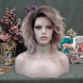 IMSTYLE Pink Blonde Lace Front Wigs Short Bob Wavy Wigs Synthetic Hair Wig Free Part with Natural Hairline Shoulder Length for Women (White Brown Ombre Blonde)