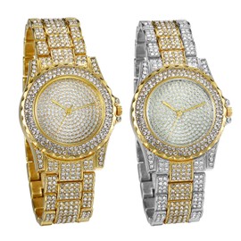 JewelryWe Men's Women's Watch with Rhinestone Roman Numerals Dial Metal Strap Quartz Analogue Watch Mother's Day Gold Silver, 2 pieces., Festive Occasions