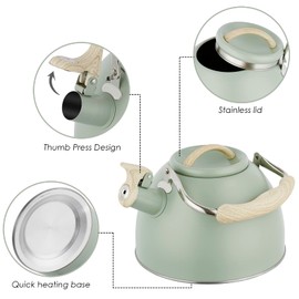 Tea Kettle -3.0 Quart Whistling Tea Kettle for Stove Top Stainless Steel Tea Pot Stovetop Food Grade Water Kettle with Wood Pattern Handle for Coffee/Tea/Milk Kettle Pot-Green