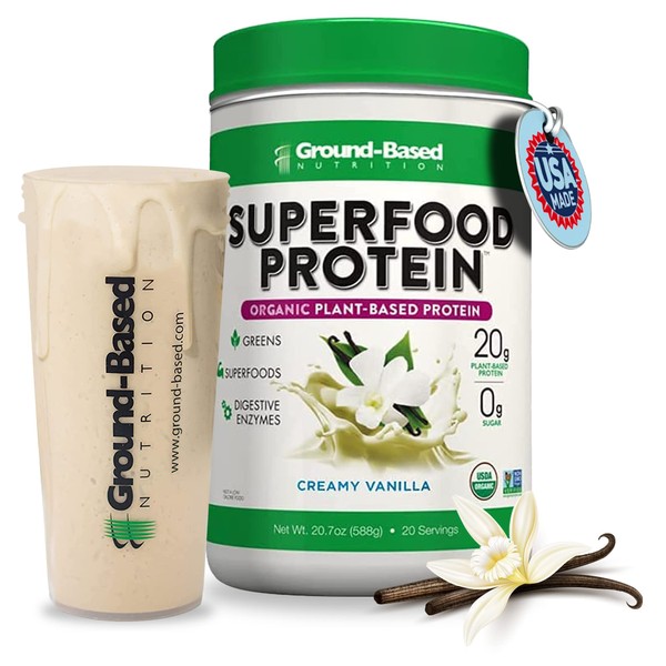 Superfood Protein|Plant-Based Protein Powder – Superfood + Essential Greens Powder – Keto, Paleo, Low Calorie Organic Vegan Protein Powder, Non-GMO, Gluten Free - 20 Servings, Creamy Vanilla