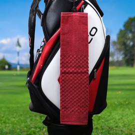 GOLTERS Cotton Golf Towel for Golf Bag for Men Women Golfer with Clip Tri-fold Golf Towel for Golf Ball Putter Cleaning Golf Club Cleaner Towels Checkered Pattern Design (Red)