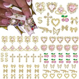 Glamorous 80 Count Nail Art Jewels Kit, Gold Alloy & Pink Diamond Charms for Nails, Unique Designs: Crowns, Hearts, Crosses, Cherries, Butterflies, Guns & Dollar Signs, Press On Nail Accessories