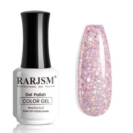 RARJSM Nude Pink Glitter Gel Nail Polish Chunky Iridescent Glitter Gel Polish 15ml Shimmer Holographic Rainbow Effect Soak off Led UV Curing Required High Pigments Gel for Home Manicure Nail Art