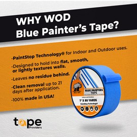 WOD PMT21B Blue Painter’s Tape - 1 inch x 60 yds. (12 Pack). Thick & Wide Masking Tape for Safe Wall Painting, Building, Remodeling, Labeling, Edge Finishing
