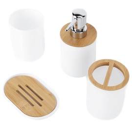 4-teiliges Bambus-Badezimmer Accessoires Set, Komplette Bad-Zubehör-Sets Inklusive Zahnbürstenhalter, Seifenschale, Lotionspender und Mundspülbecher, Tolles -Zubehör-Set
