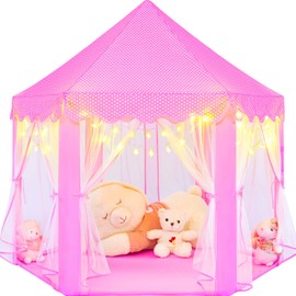KIXINWA Pink Princess Tent for Girls With LED Small Star Lights, Castle Playhouse for Children Toddlers Indoor Outdoor Games, 5553 Inches