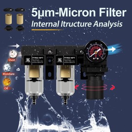 KANBOL 1/4''NPT Double Stage Filter and Regulator with Pressure Gauge, for air Drying System with 5 and 5 Micron Brass Filter Cartridge air Compressor FRL Unit-Black