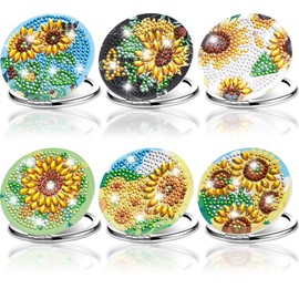 Kigley 6 Pcs Diamond Painting Compact Mirror Sunflower Mandala Abstract Landscape DIY Pocket Mirror Folding Purse Mirror with 2X 1x Magnification Diamond Art Crafts for Women(Sunflower Style)