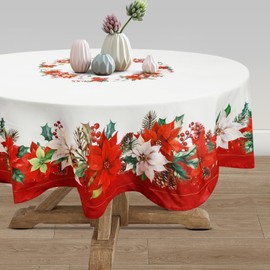 Arquiel Christmas Flowers Tablecloth Waterproof, Red Floral Table Cloth Rectangle Stain Resistant, Washable Table Cover for Home Kitchen Dining Party Decoration (70 Inch)