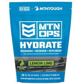 MTN OPS Hydrate Electrolytes Powder Drink Mix, 20 Single Serving On-The-Go Electrolyte Packs with Over 1000mg of Electrolytes per Serving, Lemon Lime