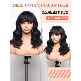 WIGNEE Natural Wave Wigs with Bangs 100% Brazilian Human Hair Fashion Wave Wigs Natural Black (14 Inch)