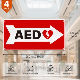 YIKIADA 4 Pack AED Sign with Right Arrow 10 × 5 Inches Pre-Drilled Holes Aluminum Metal Reflective Waterproof Rustproof Fade Resistance Signage for Home Schools Businesses