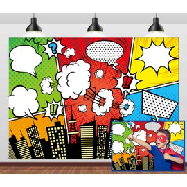 Loccor 7x5ft Fabric Cartoon Super City Backdrop Comic Super Cityscape Urban City Buildings Background for Superhero Themed Birthday Banner Boys Kids Portraits Photo Studio Props