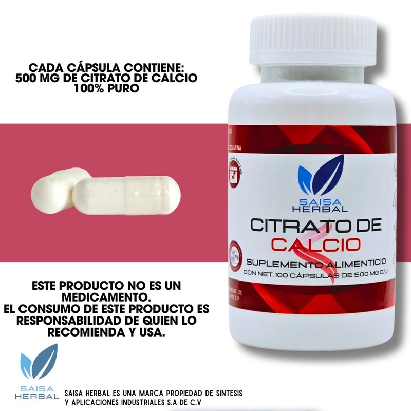 Citrato de Calcio USP 100% puro bolsa con 100 cápsulas.