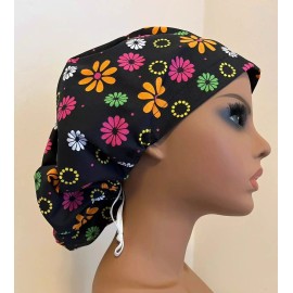 Handmade Black Floral Scrub Hat Nurse Dentist Vet  Food Service - Bonnet Euro Bouffant
