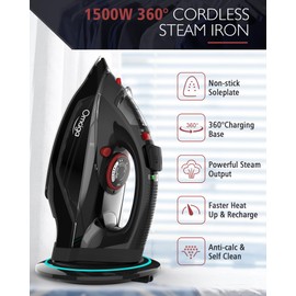 OMAIGA Cordless Iron for Clothes, 1500W Steam Iron Rapid Heating, Ceramic Soleplate, Auto Shut Off, Self-Clean, Anti-Calc, 3 Temperature Settings, 12.85oz Water Tank Ironing Clothes for Home, Black