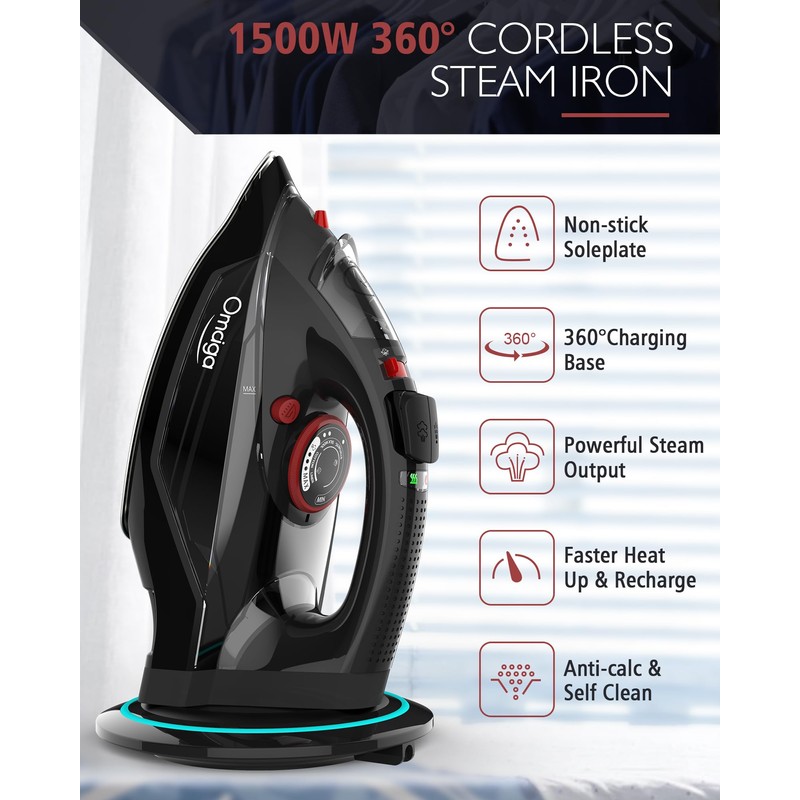 OMAIGA Cordless Iron for Clothes, 1500W Steam Iron Rapid Heating,