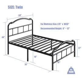 Aardhen 18" High Platform Bed Frame, Support to 3500lbs,Vintage Style,No Box Spring Needed, Squeak Resistant and Anti-Shake, Easy Assembly - mattress & bed frame size: Twin