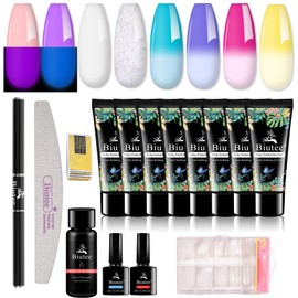 Biutee Polygel Set, Length Tip, Nail Gel Set, Length Tip, Beginner, Length Set, 0.6 fl oz (15 ml) x 8 Colors, Glow Nail Gel, Chameleon Gel, Luminousness, Glow in the Dark, Top Coat, Base Coat, Warm