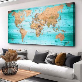 Large Wall Art Blue map of The World Painting Ready to Hang 20"x40"Large Framed Wall Art World Map Canvas Map Decorations Artwork Prints