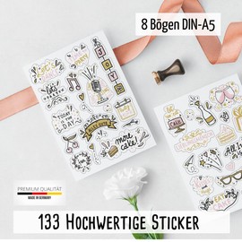 snaPmee Birthday Sticker - Stickers for Guest Book, Photo Album, Birthday Cards & Gifts - Party Decoration Full of Love for Adults & Children - Set of 133 Designs on 8 Sheets DIN A5