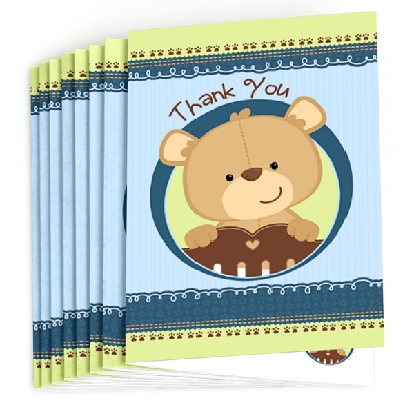 Big Dot of Happiness Baby Boy Teddy Bear - Baby Shower Thank You Cards (8 Count)
