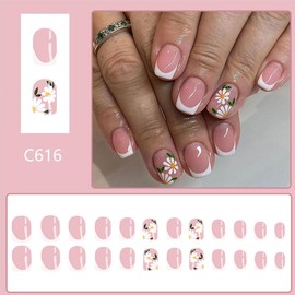 24pcs French Tip Press on Nails Short Square Flower Fake Nails with White Daisy Floral Glossy Designs Cute Glue on Nails Short Nails Tips False Nails Summer Flowers Acrylic Nails for Women Girls