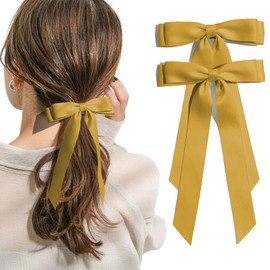 2PCS Gold Hair Bows Solid Satin Polyester Ribbon Bow Hair Clips Ponytail Big French Hair Barrettes with Long Tail Wedding Dress Decor Hair Accessories for Women Toddler Teen Girls