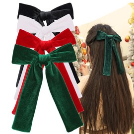 4 PCS Long Tail Velvet Bow Hair Clips for Girl Kids Baby Mom Ponytail Cheer Bows Alligator Clip Young Girls and Women Fall Winter Velvet Hair Accessories (Black/Green/Red/White)