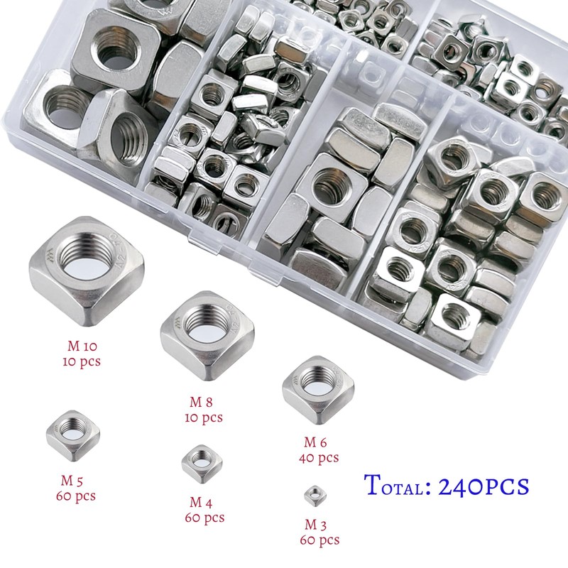 Ymaiss 240pcs Metric 304 Stainless Steel Square Nuts Assortment Kit,