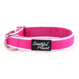 Snootiful Hound Dog House Collar - Organic Bamboo & Soft Velvet Lining - Greyhound House Collar/Whippet House Collar - Ideal for long term wear for ID (Pink & White, 20-35cm)