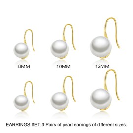 Qimily 3 Pairs White Pearl Earrings for Women,Pearl Drop Earrings Set 18K Gold Plated Hypoallergenic Earrings Pearl Drop Earrings Fine Jewelry Gift for Women Size 8MM,10MM,12MM