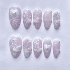 24Pcs Purple Press on Nails Medium Almond Fake Nails with 3D White Swan Designs Glue on Nails Full Cover Heart Bow Acrylic Nails Flower False Nails Lace Ribbon Stick on Nails for Women Nail Supplies