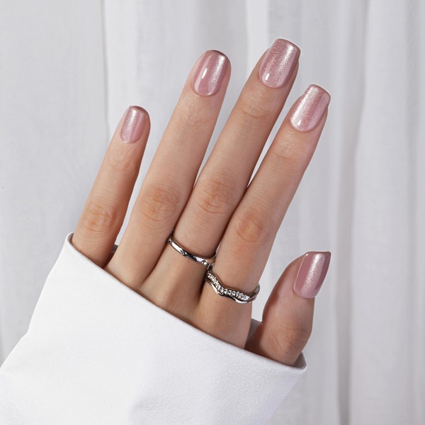 Light Pink Press On Nails Short Square,Glitter Fake Nails Acrylic