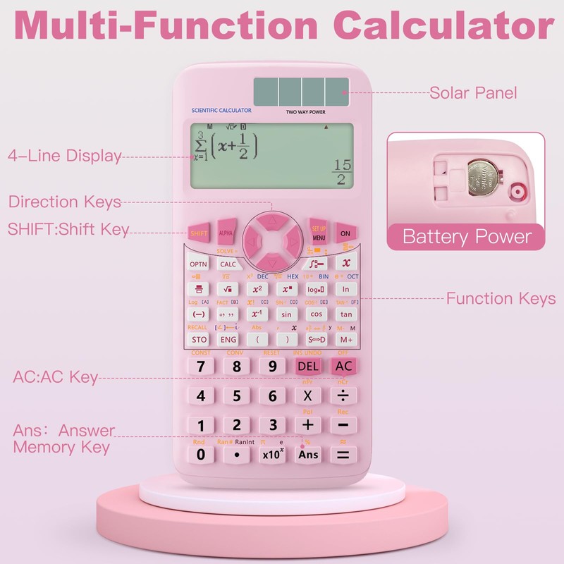 Scientific Calculators,Rudnia Pink Calculators with 4-line Display,10+2 Digits and 552