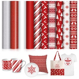 Whaline 10 Sheet Christmas Heat Transfer Vinyl Red White Xmas Tree Snowflake Printed Iron on HTV 10 x 12in Glitter Classic Red Adhesive Vinyl Bundle for Xmas T-Shirts DIY Fabrics Craft Supplies