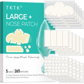 TKTK Hydrocolloid Nose Patches, XL Pore Strips 91 x 48 mm, Large Hydrocolloid Acne Pimple Patches for Face, Cover Zit Blemishes & Absorb Oil (Nose Contoured, Strip, Dots 5 Sizes 265 Count)