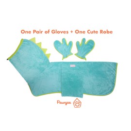 Pawyee Super Soft Fast-Drying Dog Towel Set for Cold Weather, Beach, Pool - Adjustable Microfiber Bath Robe with Drying Gloves for Cats and Dogs (L, Blue Dino)