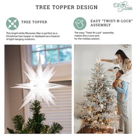 Elf Logic 14” Bright White LED Moravian Star Tree Topper - Hanging Outdoor/Indoor Christmas Tree Star Topper Light - Use as Holiday Decoration, Porch Light, Wedding and Ballroom Venue Decor