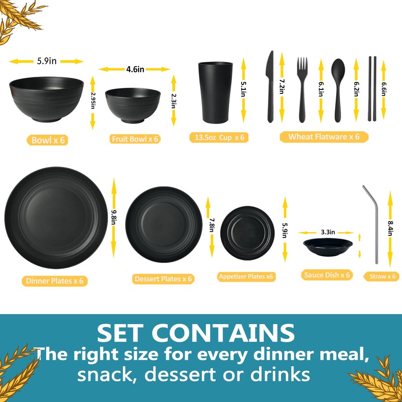 Teivio 72-Piece Kitchen Plastic Wheat Straw Dinnerware Sets for 6,