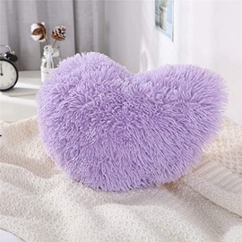 Valentines Day Decor Faux Fur Throw Pillow,Sherpa Plush Fluffy, Solid Color, Heart Shape (Lavender)