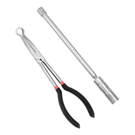 QWORK Car Spark Plug Wire Removal Pliers Tool and 5/8" Magnetic Swivel Spark Plug Socket, 3/8" Drive x 10" Total Length