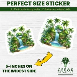 Tropical Paradise Waterfall Sticker, Jungle Nature Scene, Lush Greenery and Palms, Outdoor Scenic Art, Vinyl Decal for Laptop, Car, Water - 5-Inch Sticker - 2-Pack - CCSTICKER01153