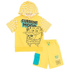 SpongeBob SquarePants Toddler Boys French Terry Pullover Hoodie and Shorts Outfit Set Pale Yellow/Seafoam Blue 3T