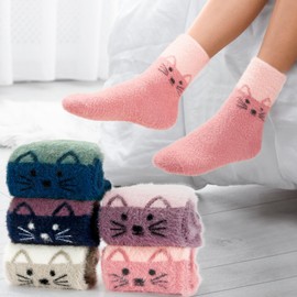 ICEIVY Womens Fuzzy Socks Thick Soft Warm Winter Fluffy Cozy Cabin 5 Packs Casual Home Sleep Socks with Gifts Box (US, Numeric, 5, 9, Regular, Regular, Multicolor-Cat Head)