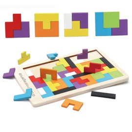 Qinsky Holzpuzzle Tangram,40er Pack Holz-Puzzle Jigsaw Geometrische Blöcke Holz Puzzle Box Gehirn Spiele für Kinder frühe Pädagogische