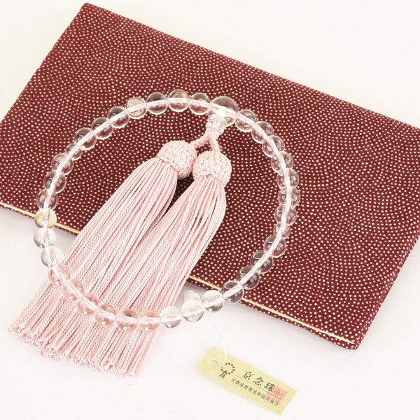Web Exclusive Buddhist Altar Prayer Beads with Bag for Funerals, Mutual Services, Made in Japan, Can be Used in All Sects, Women's, Crystal, Pure Silk, Ash Cherry Blossom, Prayer Beads Bag Included