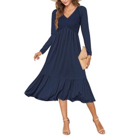 AUSELILY Women Fall Dress 2025 Empire Wasit Long Sleeve V Neck Casual Swing Midi Dresses, Navy Blue S