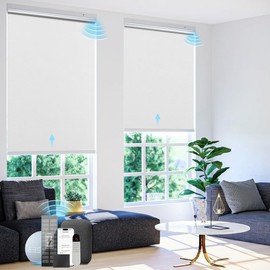 Motorized Roller Blinds with Remote Control【Solar Panel Included】 100% Blackout Smart Blinds Automatic Blinds for Windows Cordless Electric Shades Compatible with Alexa White,34" W*72" H
