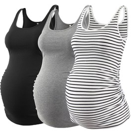 Liu & Qu Maternity Tank Tops Rib Side-Shirred Sleeveless Pregnancy Basic Shirt 3-Pack